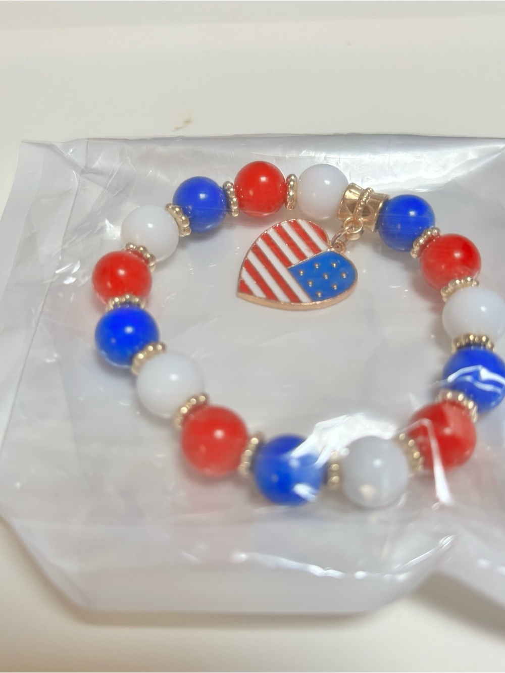 Patriotic Heart Beaded Bracelet - Red White Blue w/ Flag Heart Charm Golden